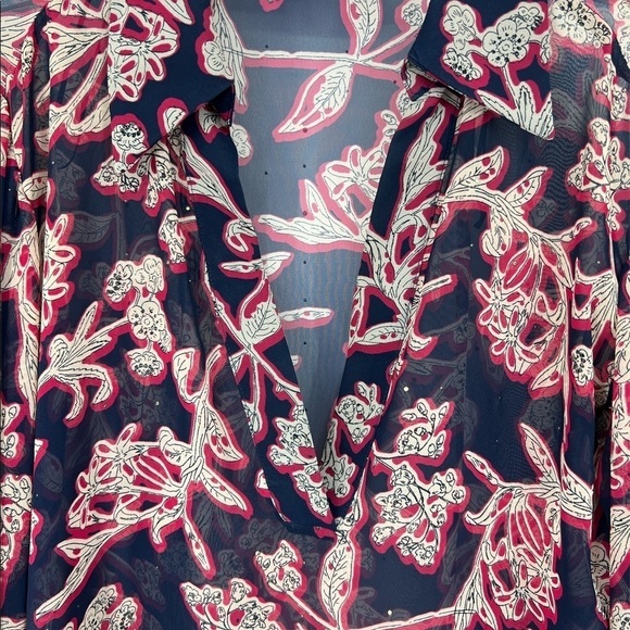 𝅺Zara Floral Red & Blue Oversized V Neck Studded Blouse SZ M - Picture 7 of 12